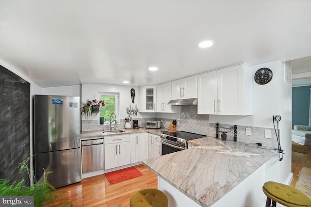 kitchen featuring light wood-type flooring, kitchen peninsula, stainless steel appliances, decorative backsplash, and sink