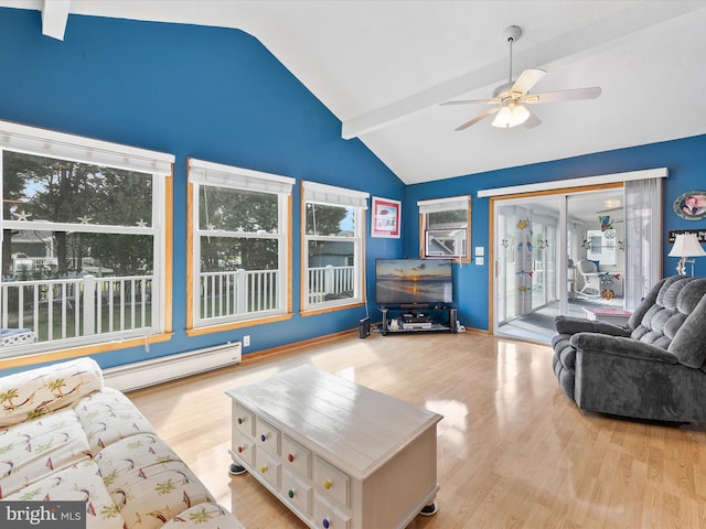 living room with a wealth of natural light, light hardwood / wood-style flooring, lofted ceiling with beams, and a baseboard heating unit