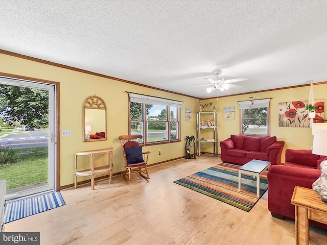 living room featuring ceiling fan, light hardwood / wood-style floors, a textured ceiling, and ornamental molding