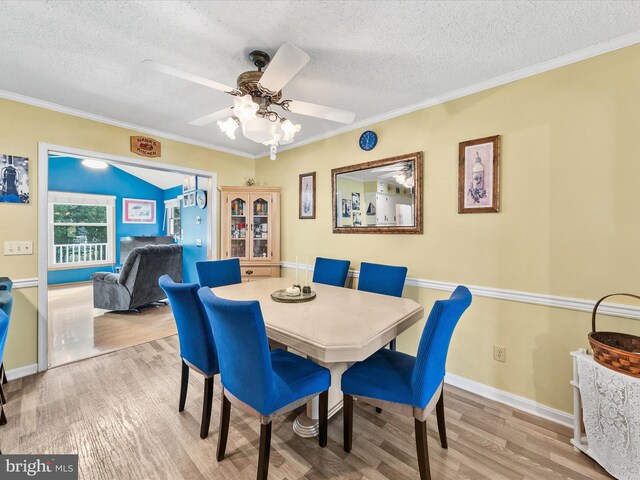 dining room with ceiling fan, light wood-type flooring, a textured ceiling, and ornamental molding