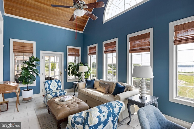 living room featuring high vaulted ceiling, ceiling fan, wooden ceiling, and light tile patterned flooring