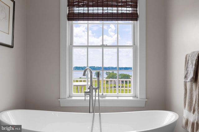 bathroom featuring a tub, sink, and a water view