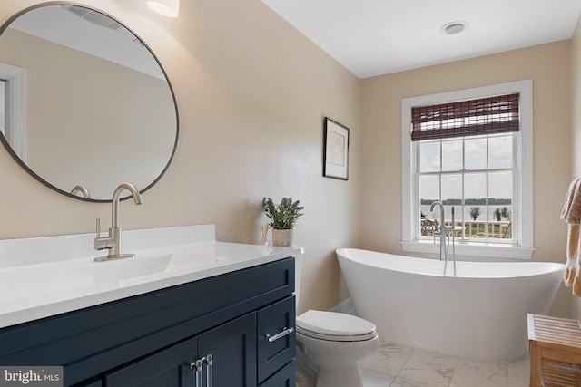 bathroom with a washtub, toilet, and vanity