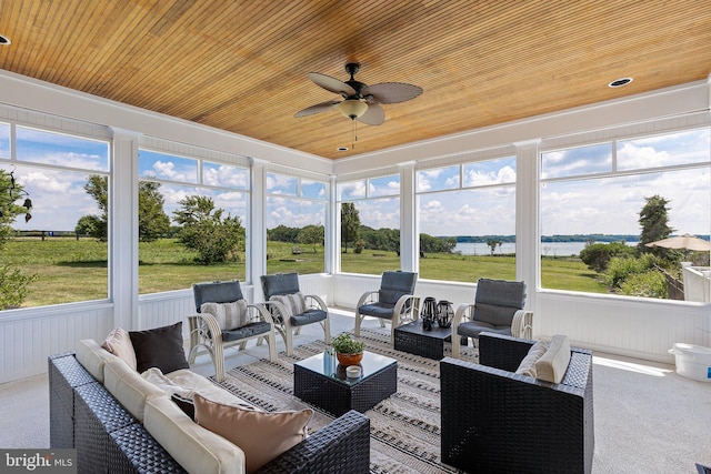 sunroom / solarium featuring ceiling fan, a water view, and wooden ceiling