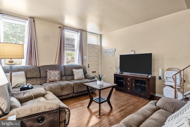 living room featuring wood-type flooring and a wealth of natural light