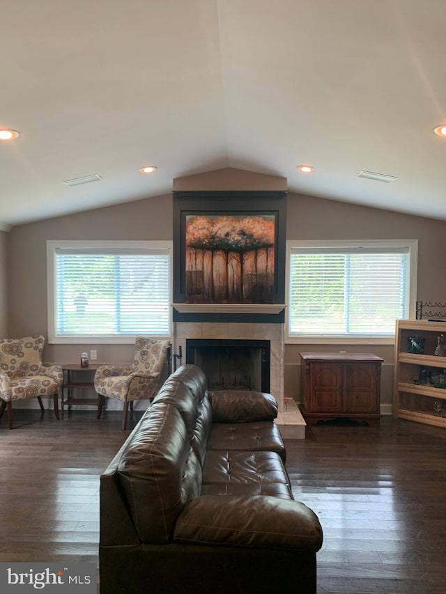 living room featuring lofted ceiling, a fireplace, and dark hardwood / wood-style flooring