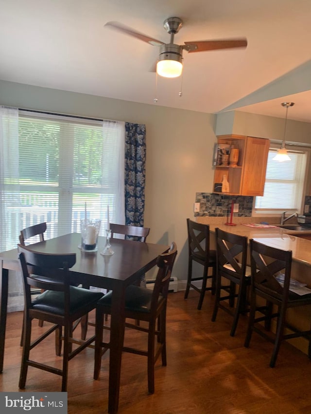 dining room featuring ceiling fan, dark hardwood / wood-style flooring, and sink