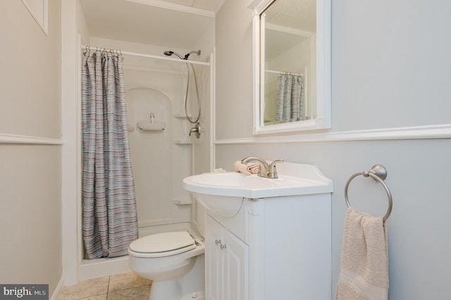 full bathroom featuring curtained shower, vanity, toilet, and tile patterned flooring