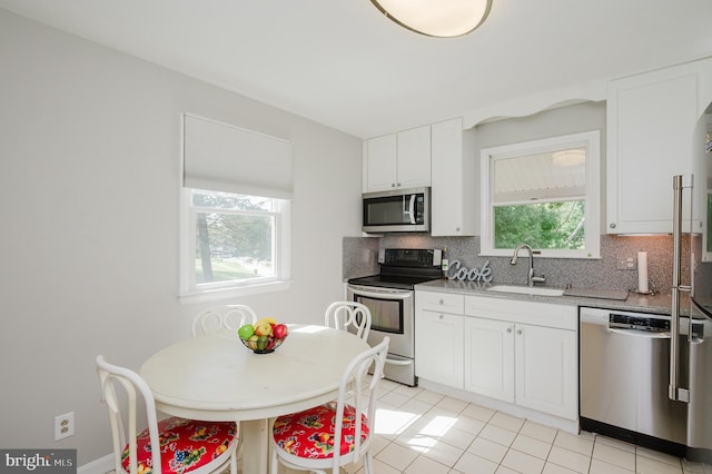 kitchen with stainless steel appliances, a sink, backsplash, and white cabinets