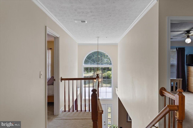 corridor with ornamental molding, light colored carpet, and a textured ceiling