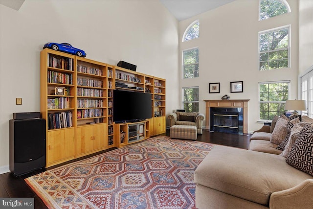 living room with a towering ceiling and dark wood-type flooring