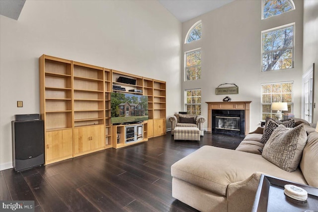 living room featuring dark hardwood / wood-style floors, plenty of natural light, and a towering ceiling