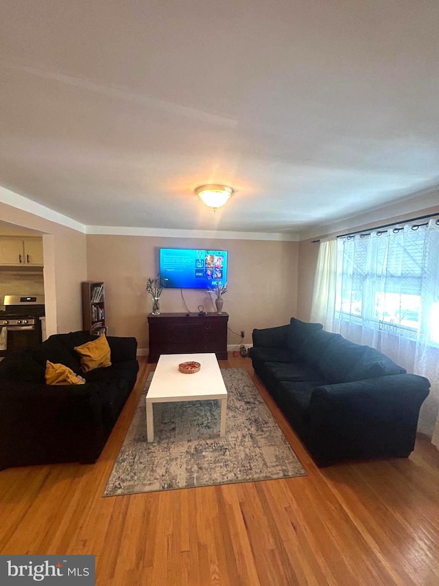 living room featuring hardwood / wood-style flooring and ornamental molding