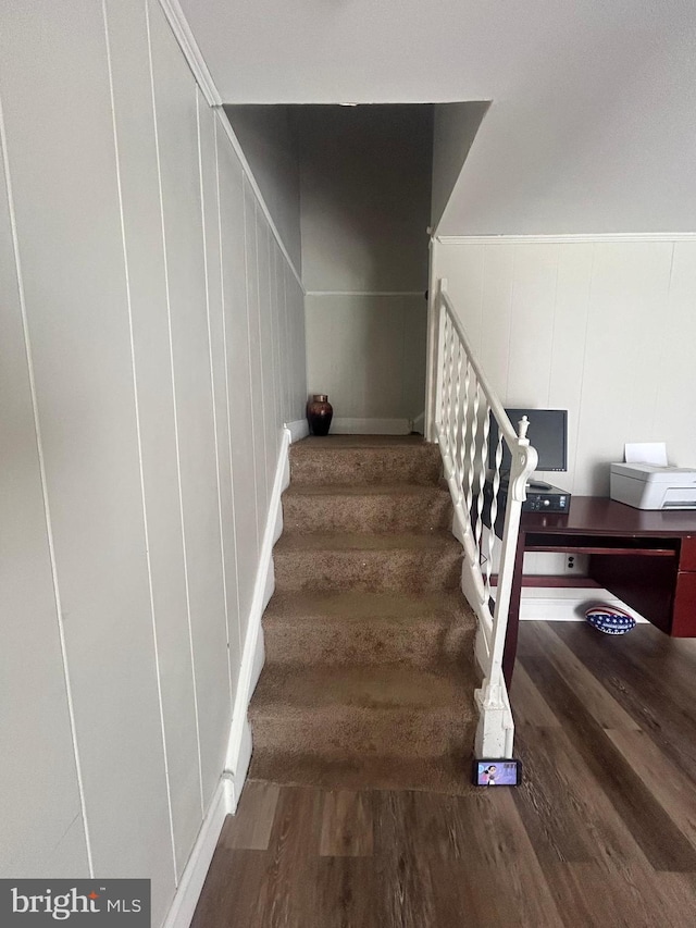 staircase featuring hardwood / wood-style flooring