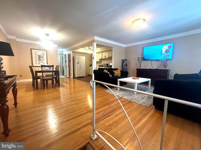 living room featuring ornamental molding and light wood-type flooring