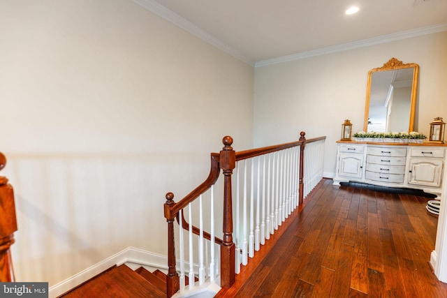 corridor featuring dark hardwood / wood-style flooring and ornamental molding