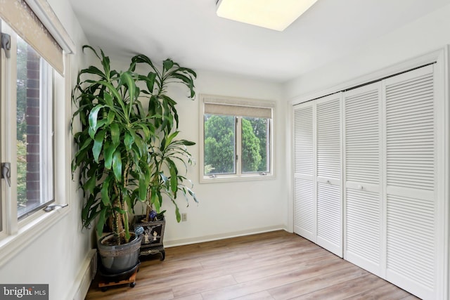 unfurnished bedroom featuring a closet, multiple windows, and light hardwood / wood-style floors