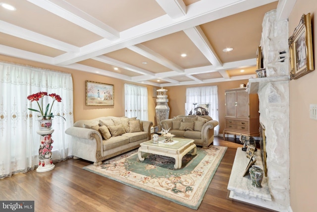 living room featuring dark wood-type flooring, beam ceiling, and coffered ceiling