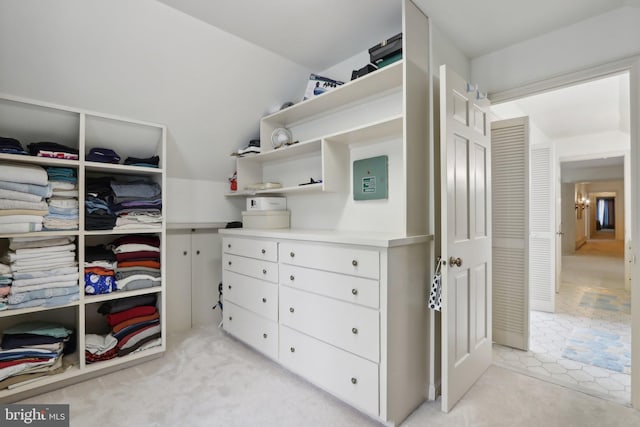 spacious closet with light carpet and a notable chandelier