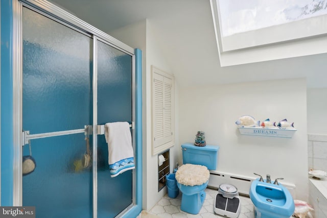 bathroom with a bidet, tile patterned flooring, lofted ceiling, and an enclosed shower