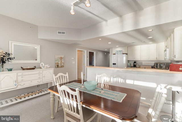 carpeted dining room featuring a textured ceiling