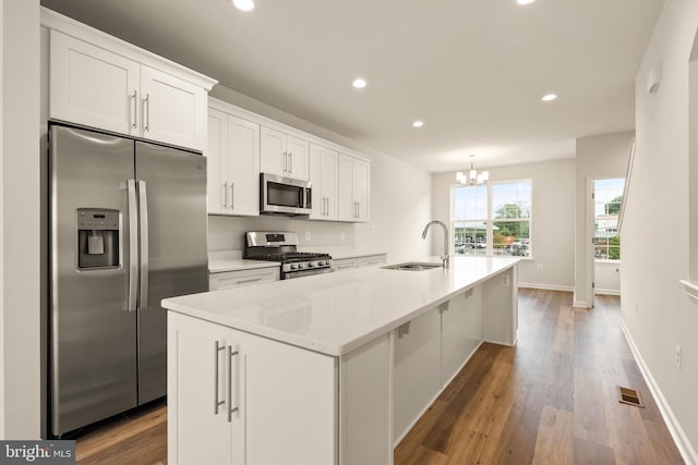 kitchen featuring white cabinetry, appliances with stainless steel finishes, sink, and a kitchen island with sink