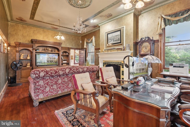 interior space with a fireplace, a tray ceiling, crown molding, and dark wood-type flooring