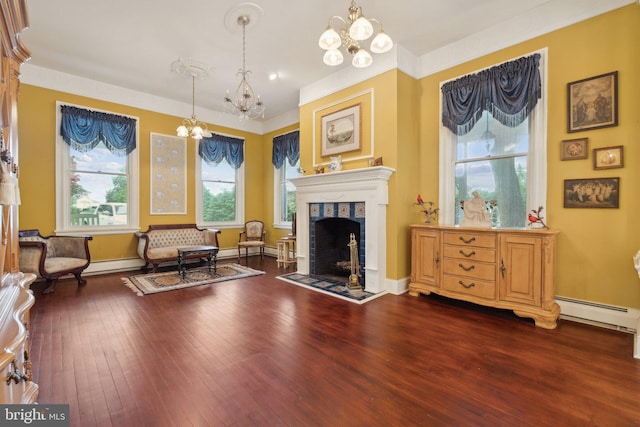 sitting room featuring dark hardwood / wood-style flooring, a baseboard radiator, and a notable chandelier