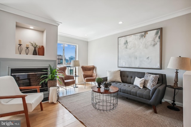 living room featuring ornamental molding and light hardwood / wood-style floors