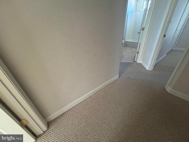 hallway featuring light colored carpet