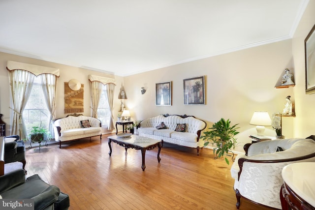 living room featuring ornamental molding and hardwood / wood-style flooring