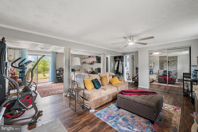 living room with ceiling fan, dark wood-type flooring, and ornamental molding