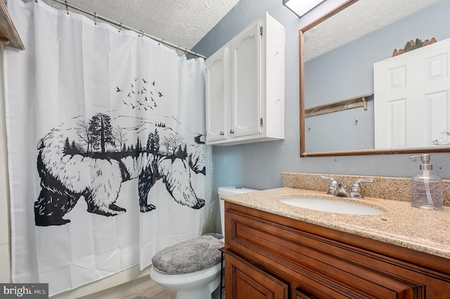 bathroom with a textured ceiling, toilet, vanity, and a shower with curtain