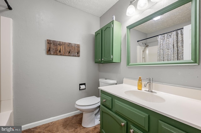 full bathroom with a textured ceiling, shower / bathtub combination with curtain, tile patterned floors, vanity, and toilet