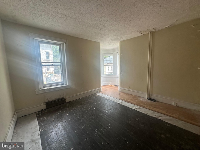 spare room featuring hardwood / wood-style floors, a healthy amount of sunlight, and a textured ceiling