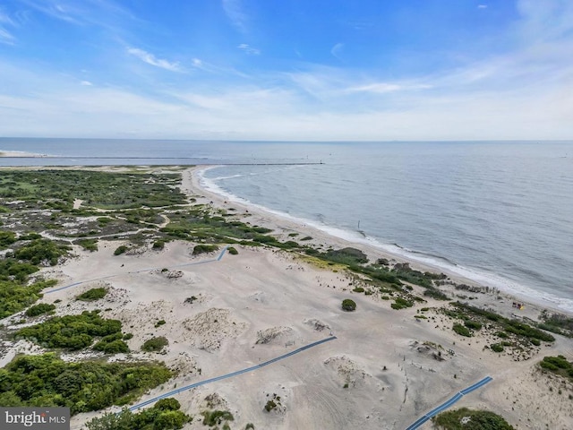 bird's eye view featuring a water view and a view of the beach