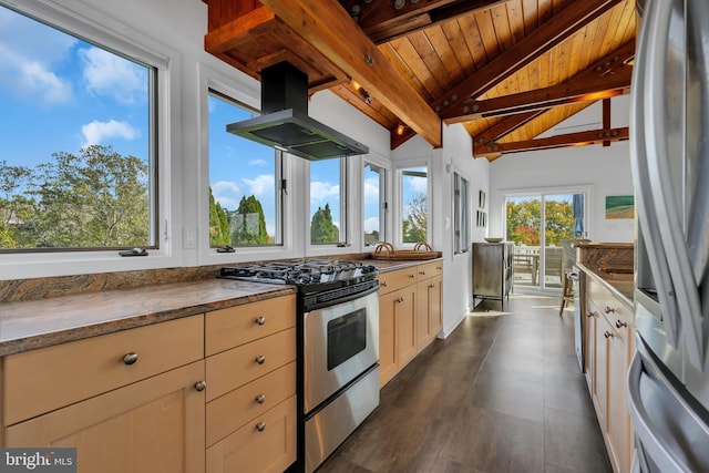 kitchen with gas range, lofted ceiling with beams, island exhaust hood, fridge, and wood ceiling