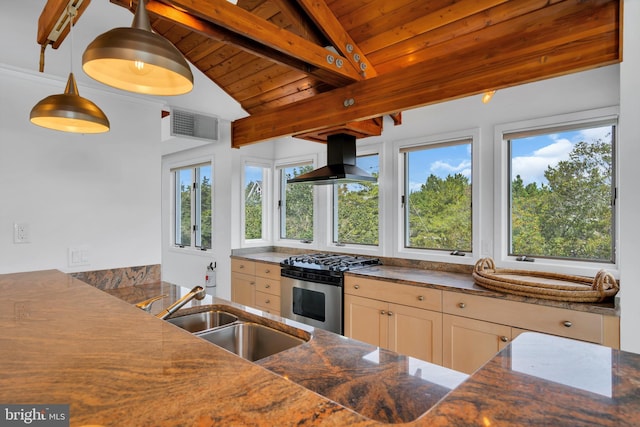 kitchen with island exhaust hood, wood ceiling, gas range, sink, and pendant lighting