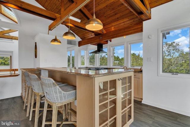 interior space with decorative light fixtures, a healthy amount of sunlight, wooden ceiling, and extractor fan