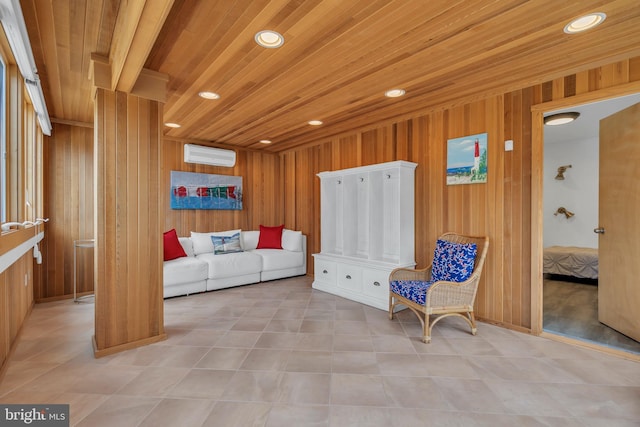 unfurnished room featuring a wall unit AC, wooden walls, and wood ceiling