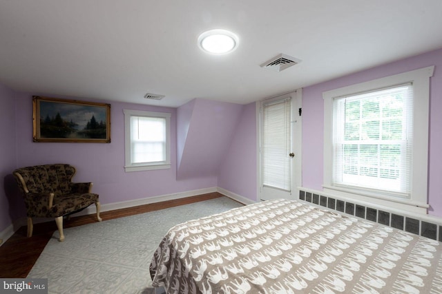 bedroom featuring radiator and multiple windows