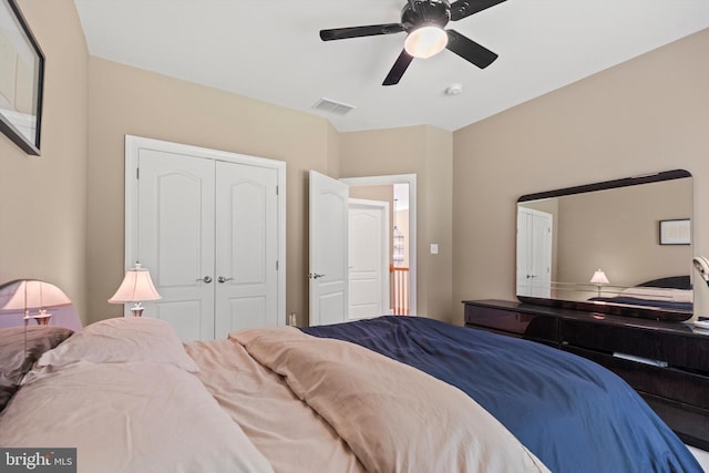 bedroom featuring ceiling fan and a closet