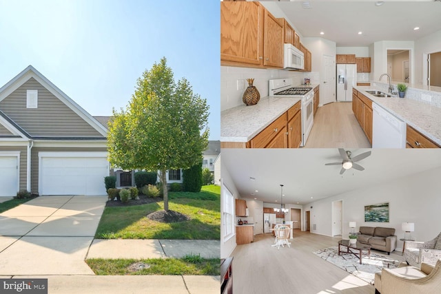 kitchen featuring decorative light fixtures, white appliances, light hardwood / wood-style floors, and backsplash