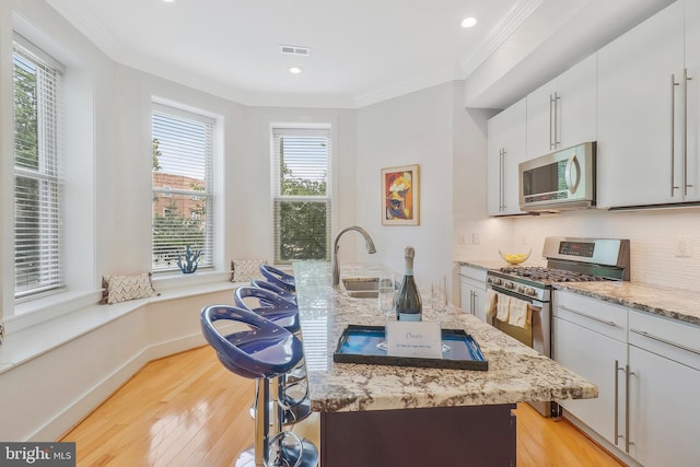 kitchen with sink, an island with sink, appliances with stainless steel finishes, tasteful backsplash, and light stone counters