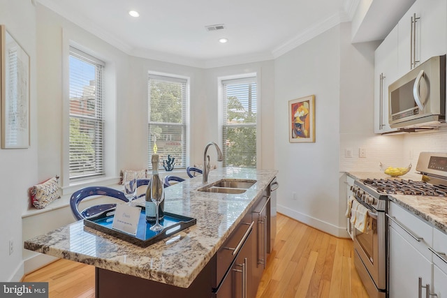 kitchen with white cabinets, sink, an island with sink, tasteful backsplash, and stainless steel appliances