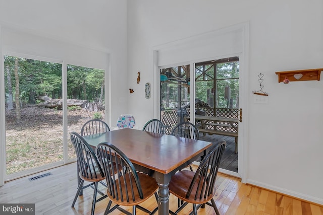 dining space with light hardwood / wood-style floors and a healthy amount of sunlight