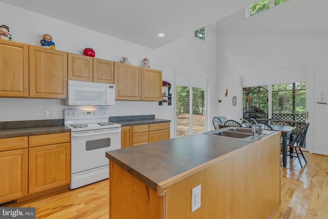 kitchen with sink, a kitchen island with sink, light wood-type flooring, and white appliances