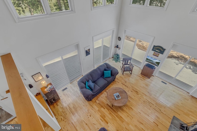 living room with a high ceiling and hardwood / wood-style floors