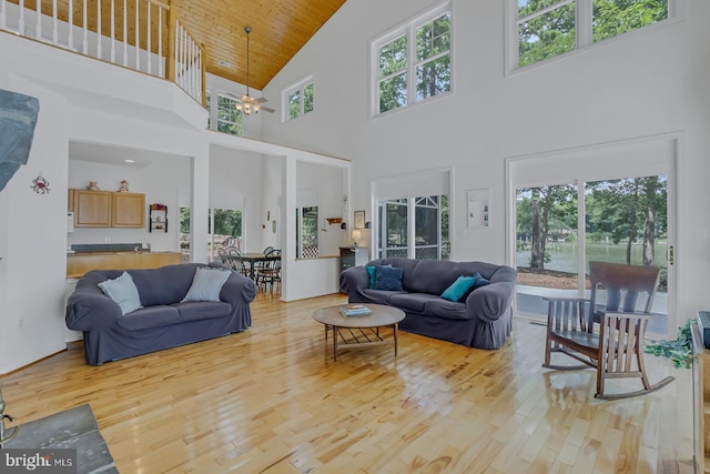 living room with light hardwood / wood-style flooring, a healthy amount of sunlight, and high vaulted ceiling