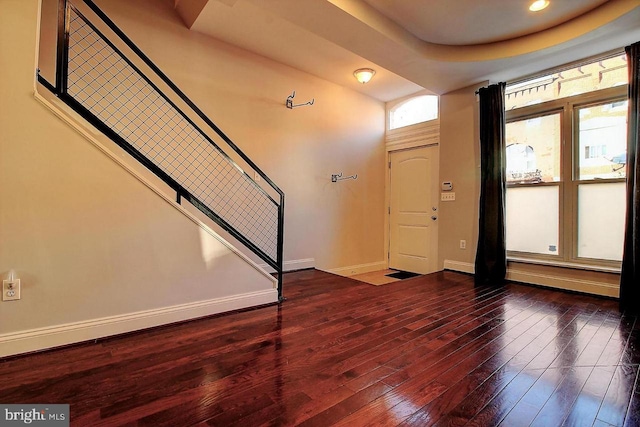 entrance foyer featuring a raised ceiling and wood-type flooring